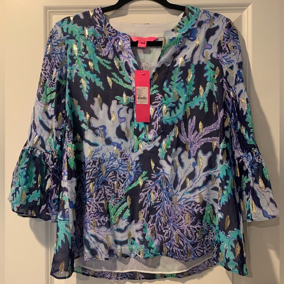 Lilly Pulitzer Elenora Top Deep Indigo Swish & Sway NWT Women’s size XS - Picture 2 of 4